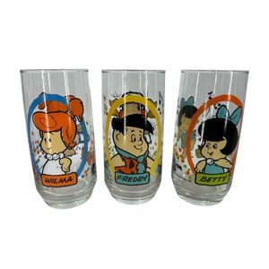Vintage Flintstones kids glasses Betty Freddy Wilma Hanna Barbera Pizza Hut 1986